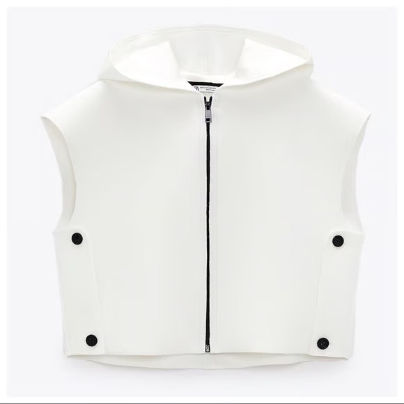 Nwt Zara White Zip-Up Athletic Hoodie Vest